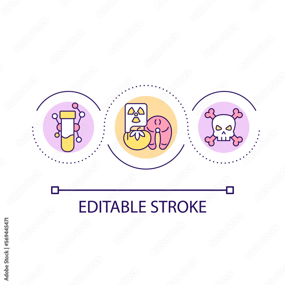 Chemical food contamination loop concept icon. Hazardous materials in products. Danger abstract idea thin line illustration. Isolated outline drawing. Editable stroke. Arial font used Chemical food contamination loop concept icon. Hazardous materials in products. Danger abstract idea thin line illustration. Isolated outline drawing. Editable stroke. Arial font used
