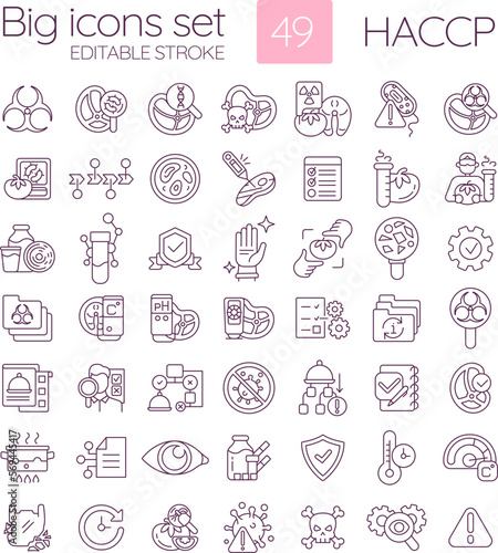 HACCP linear icons set. System of food quality control. Products manufacturing safety. Hazard prevention. Customizable thin line symbols. Isolated vector outline illustrations. Editable stroke