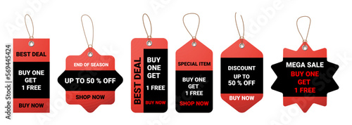 Set of Realistic price tag. Blank shopping labels template. Empty black and red Cardboard label for price, paper sale tags mockup gift. Black red Price tag stickers with ropes vector illustration.
