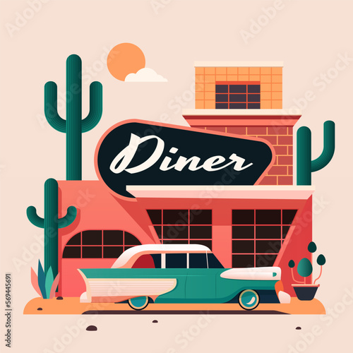 Old diner with cafe and parking in desert. Vector cartoon illustration of desert landscape with small hotel building with billboard and road with car