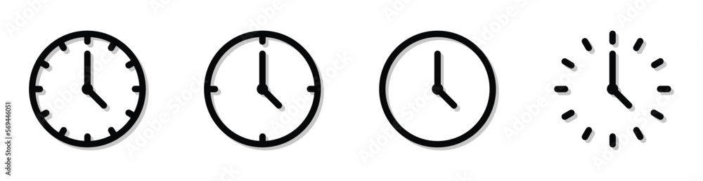Vector Time and Clock icons with shadows. Vector illustration.