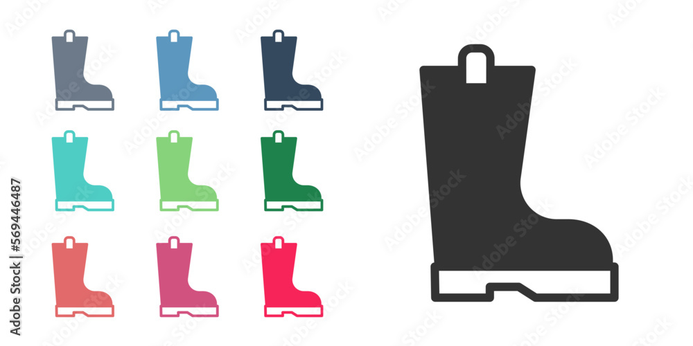Black Waterproof rubber boot icon isolated on white background. Gumboots for rainy weather, fishing, gardening. Set icons colorful. Vector Black Waterproof rubber boot icon isolated on white background. Gumboots for rainy weather, fishing, gardening. Set icons colorful. Vector