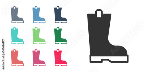 Black Waterproof rubber boot icon isolated on white background. Gumboots for rainy weather, fishing, gardening. Set icons colorful. Vector