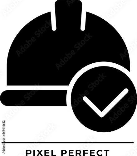 Hard hat with check mark black glyph icon. Safety equipment for construction site. Labourer protective helmet. Silhouette symbol on white space. Solid pictogram. Vector isolated illustration