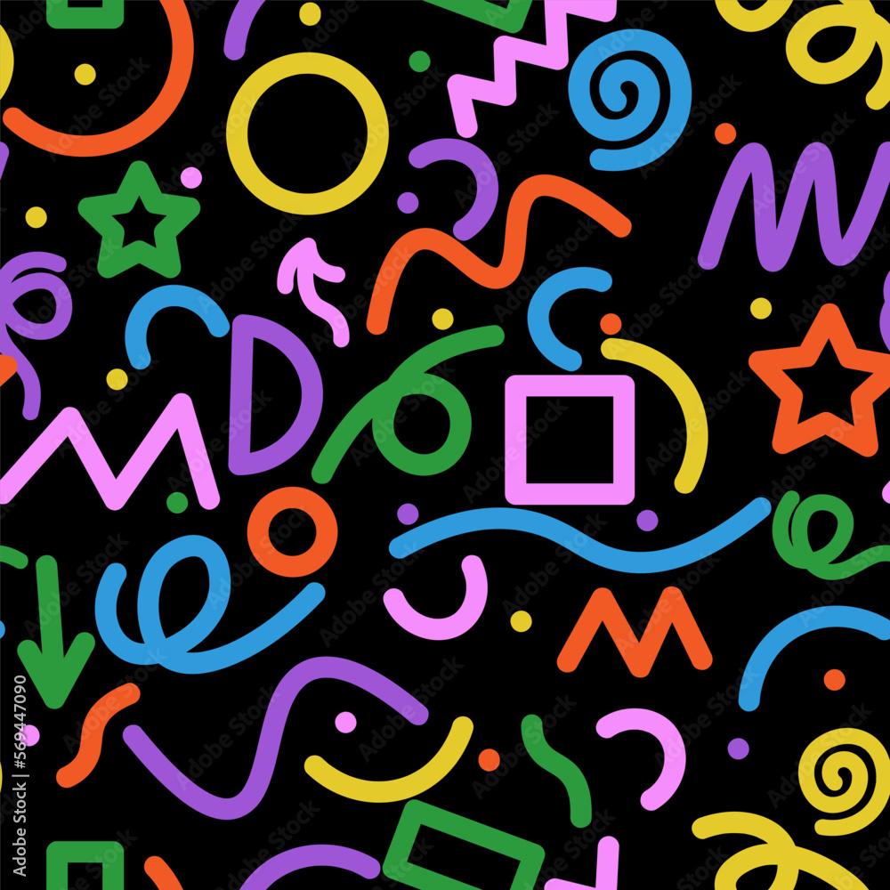 Set of cheerful colorful lines on a black background, doodles seamless pattern. Creative abstract art collection for kids or festive holiday design. printable texture set with childish doodles.