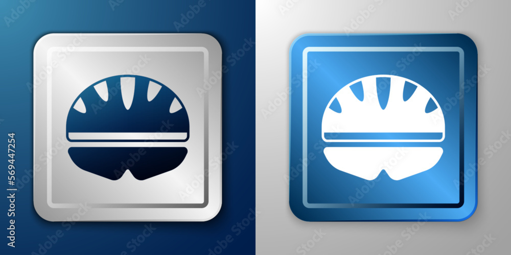 White Bicycle helmet icon isolated on blue and grey background. Extreme sport. Sport equipment. Silver and blue square button. Vector White Bicycle helmet icon isolated on blue and grey background. Extreme sport. Sport equipment. Silver and blue square button. Vector