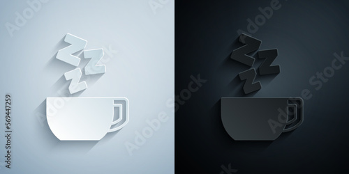 Paper cut Chamomile tea icon isolated on grey and black background. A useful therapeutic drink from flowers of chamomile medicinal. Paper art style. Vector