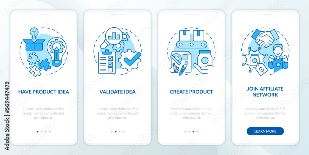Become affiliate merchant blue onboarding mobile app screen. Ecommerce walkthrough 4 steps editable graphic instructions with linear concepts. UI, UX, GUI template. Myriad Pro-Bold, Regular fonts used