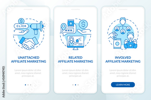 Affiliate marketing programs blue onboarding mobile app screen. Walkthrough 3 steps editable graphic instructions with linear concepts. UI, UX, GUI template. Myriad Pro-Bold, Regular fonts used