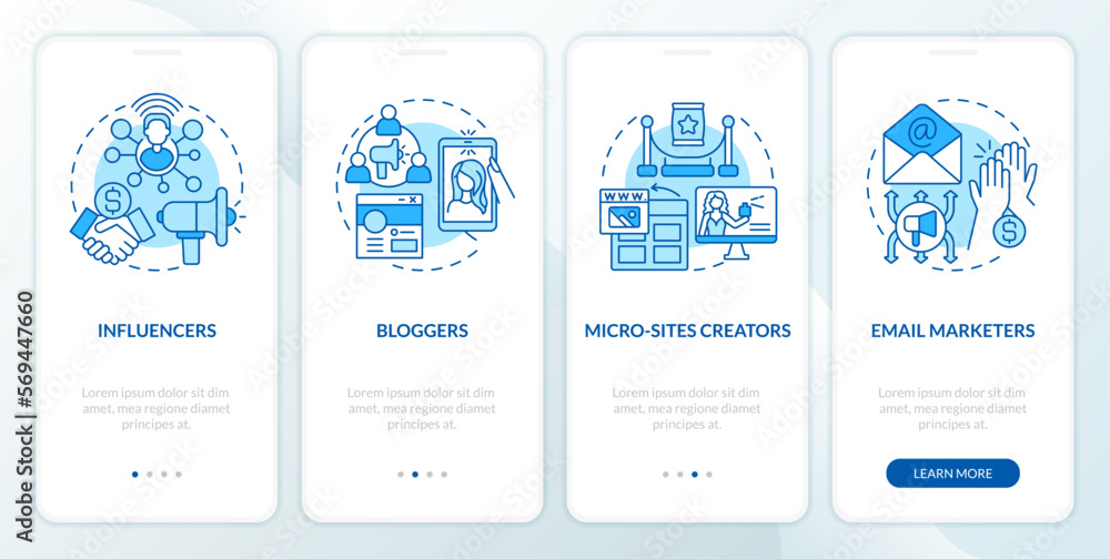 Affiliate marketers types blue onboarding mobile app screen. Sales walkthrough 4 steps editable graphic instructions with linear concepts. UI, UX, GUI template. Myriad Pro-Bold, Regular fonts used
