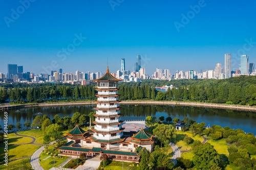 Aerial leap changsha martyrs park lake xiaoxiang pavilion and the urban landscape