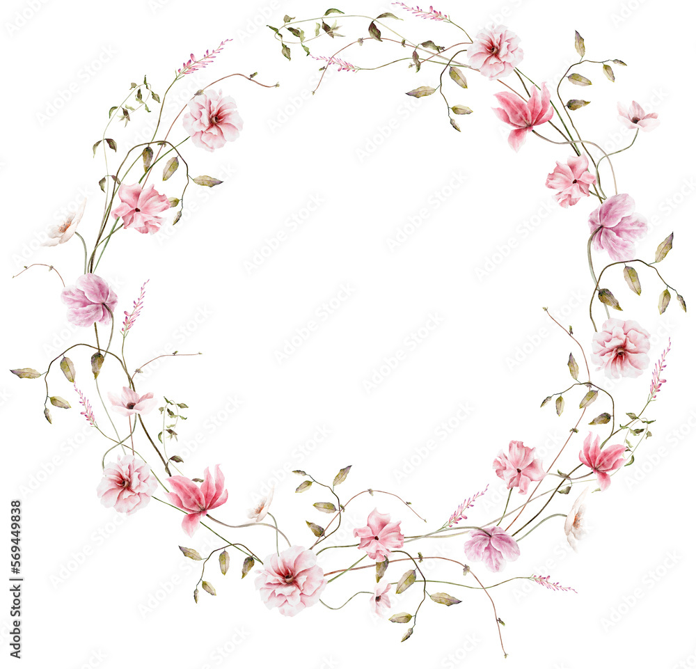 Hand drawn watercolor pink floral wreath. Elegant delicate illustration for poster, invitation, postcard or background and wedding invitation templates