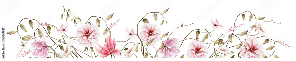 Hand drawn watercolor pink floral border. Elegant delicate illustration ...