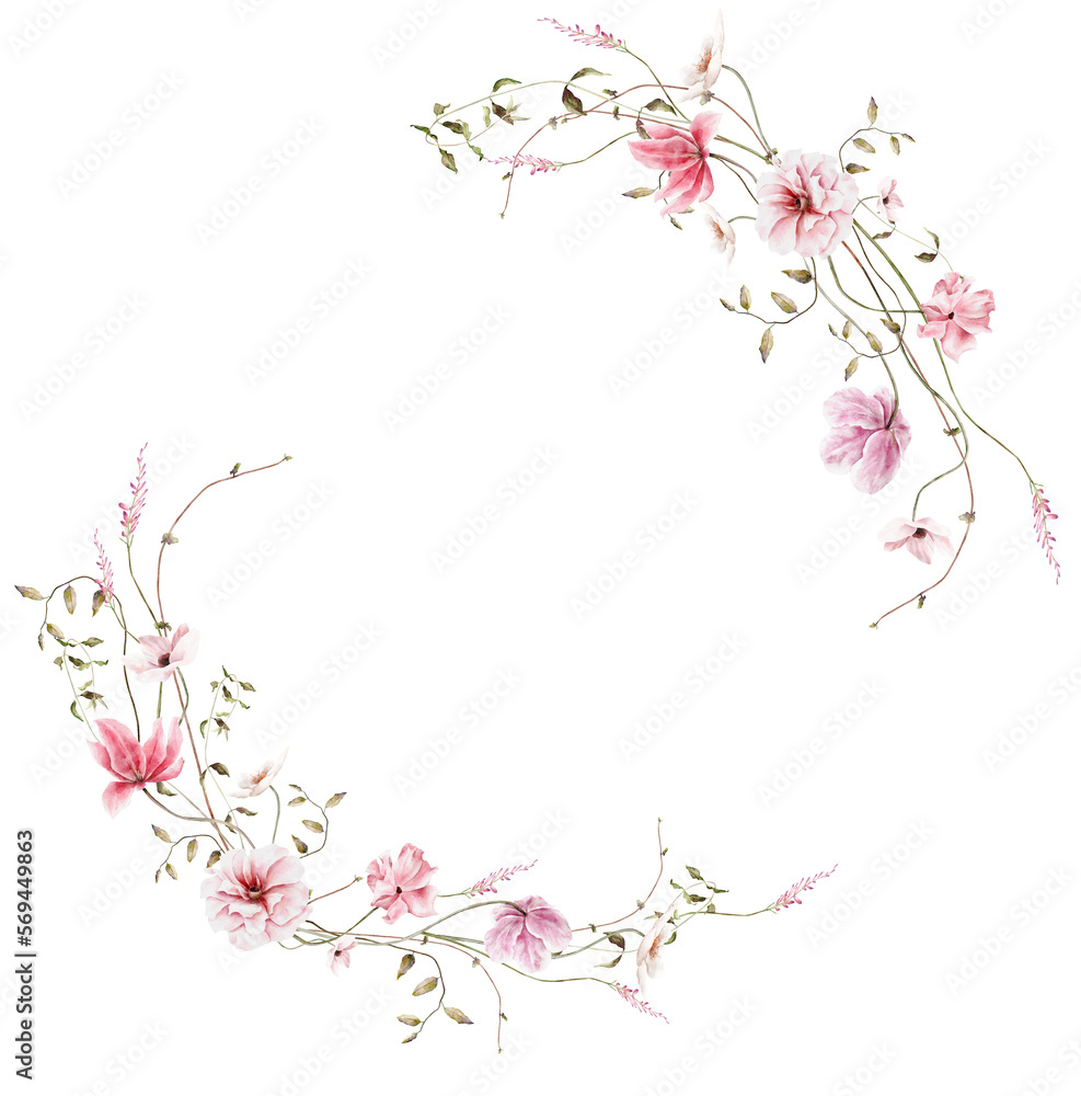 Hand drawn watercolor pink floral wreath. Elegant delicate illustration for poster, invitation, postcard or background and wedding invitation templates