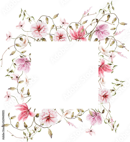 Hand drawn watercolor pink floral frame. Elegant delicate illustration for poster, invitation, postcard, background and wedding invitation templates