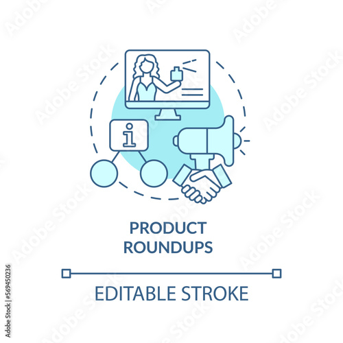 Product roundup turquoise concept icon. Content for affiliate website abstract idea thin line illustration. Isolated outline drawing. Editable stroke. Arial, Myriad Pro-Bold fonts used photo
