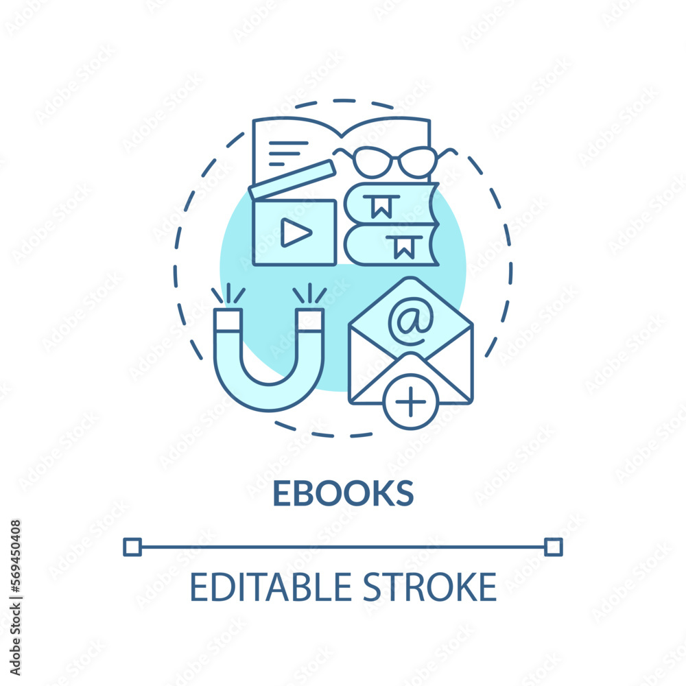 eBooks turquoise concept icon. Information share. Content for affiliate website abstract idea thin line illustration. Isolated outline drawing. Editable stroke. Arial, Myriad Pro-Bold fonts used eBooks turquoise concept icon. Information share. Content for affiliate website abstract idea thin line illustration. Isolated outline drawing. Editable stroke. Arial, Myriad Pro-Bold fonts used