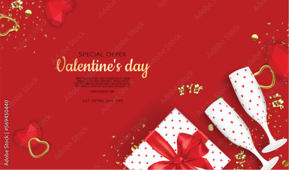 Naklejka premium Valentine's Day design. Realistic gift boxes with champagne glass. Holiday banner, web poster, flyer, stylish brochure, greeting card, cover. romantic background