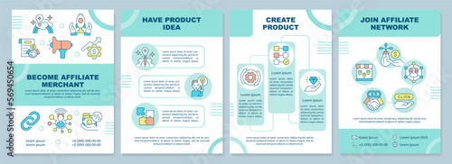 Become affiliate merchant mint brochure template. Marketing. Leaflet design with linear icons. Editable 4 vector layouts for presentation, annual reports. Arial-Black, Myriad Pro-Regular fonts used