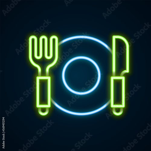 Glowing neon line Plate, fork and knife icon isolated on black background. Cutlery symbol. Restaurant sign. Colorful outline concept. Vector