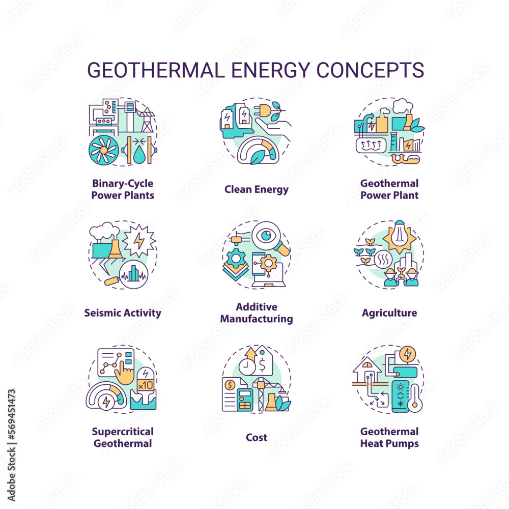 Geothermal energy concept icons set. Power station. Generate electricity idea thin line color illustrations. Isolated symbols. Editable stroke. Roboto-Medium, Myriad Pro-Bold fonts used Geothermal energy concept icons set. Power station. Generate electricity idea thin line color illustrations. Isolated symbols. Editable stroke. Roboto-Medium, Myriad Pro-Bold fonts used