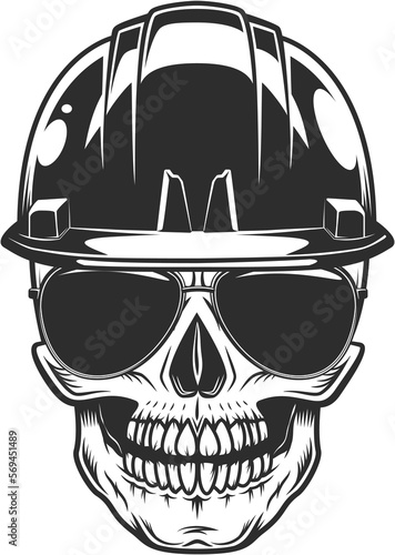 Skull in builder construction helmet hardhat concept with black eyes with sunglasses accessory to protect eyes from bright sun vintage isolated illustration