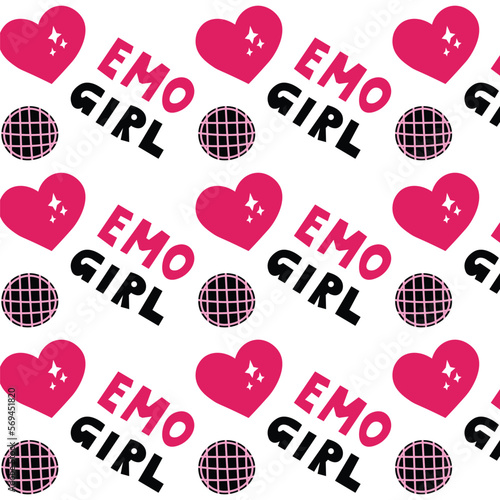Emo baby girl pink seamless pattern in retro style. Pink stickers and hearts for emo.