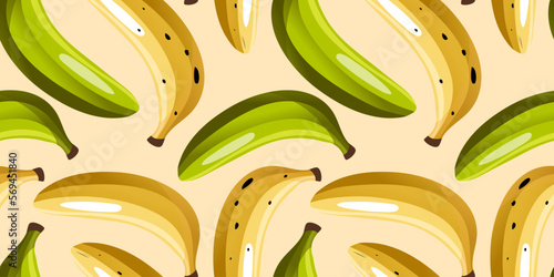 Cartoon seamless pattern with juicy bananas on white background. Tropical trendy fruits. Vector contrast pattern for fabrics, wallpapers and your creativity.