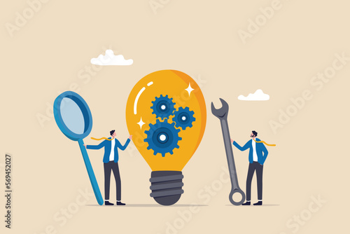 Product development, research and optimize for development process to launch new product, project management or productivity concept, businessman with magnifier with lightbulb idea with cog wheels.