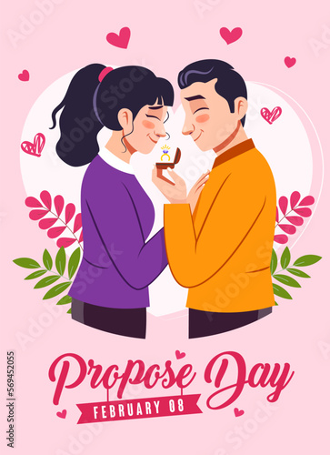 Happy propose day February vector illustration flat post design. Young man with ring proposing to his beloved, Romantic date, Wedding and Valentines day concept. Used in blogging, promotional material