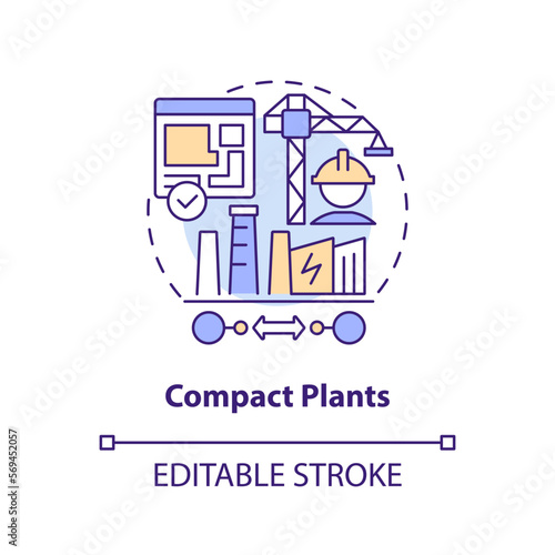 Compact plants concept icon. Relatively small station. Geothermal energy advantage abstract idea thin line illustration. Isolated outline drawing. Editable stroke. Arial, Myriad Pro-Bold fonts used