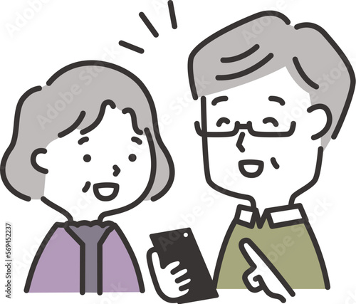 笑顔でスマホを操作する高齢夫婦のイラスト