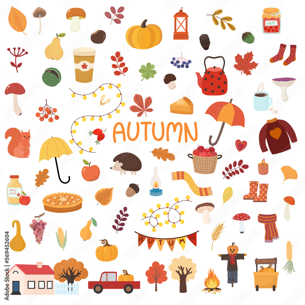 Autumn set, hand drawn elements. Cartoon flat vector illustration.