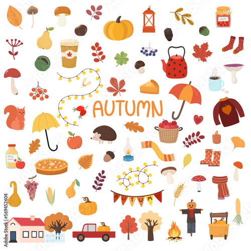 Autumn set, hand drawn elements. Cartoon flat vector illustration.