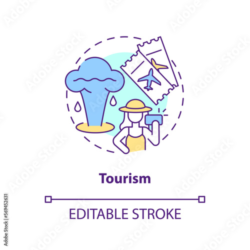 Tourism concept icon. Geyser. Tourist attraction. Usage of geothermal energy abstract idea thin line illustration. Isolated outline drawing. Editable stroke. Arial, Myriad Pro-Bold fonts used