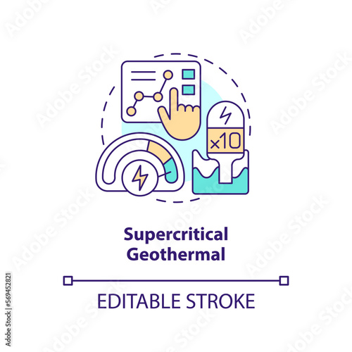 Supercritical geothermal concept icon. Ten times more power. Geothermal energy trend abstract idea thin line illustration. Isolated outline drawing. Editable stroke. Arial, Myriad Pro-Bold fonts used