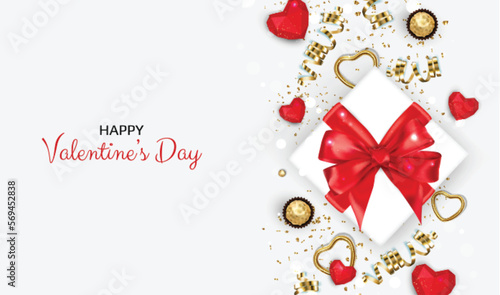 Happy Valentines Day. Realistic 3d design of festive objects gift box, heart, gold confetti. Holiday banner, web poster, flyer, stylish brochure, greeting card, Vector illustration