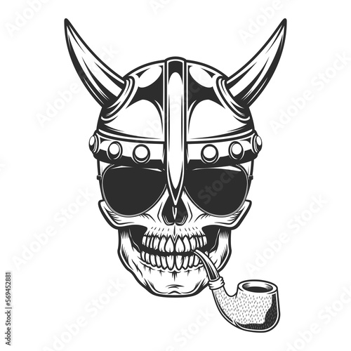 Viking skull smoking pipe in horned helmet with wooden texture and sunglasses accessory to protect eyes from bright sun vintage isolated vector illustration