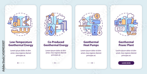 Types of geothermal energy onboarding mobile app screen. Walkthrough 5 steps editable graphic instructions with linear concepts. UI, UX, GUI template. Myriad Pro-Bold, Regular fonts used