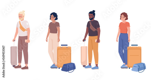 Passengers with bags waiting in line for boarding semi flat color vector characters set. Editable full body people on white. Simple cartoon style illustration pack for web graphic design and animation
