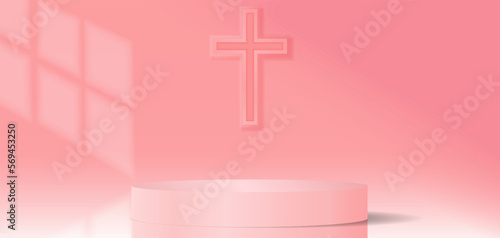 churches background with pink, crucifix pink realistic cylinder stand podium. Vector geometric form. Pastel minimal wall scene.
