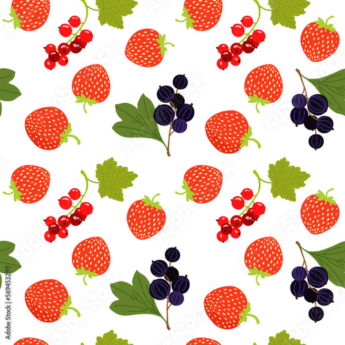 Seamless pattern background with strawberry, redcurrant and black currant. Hand drawn vector illustration.
