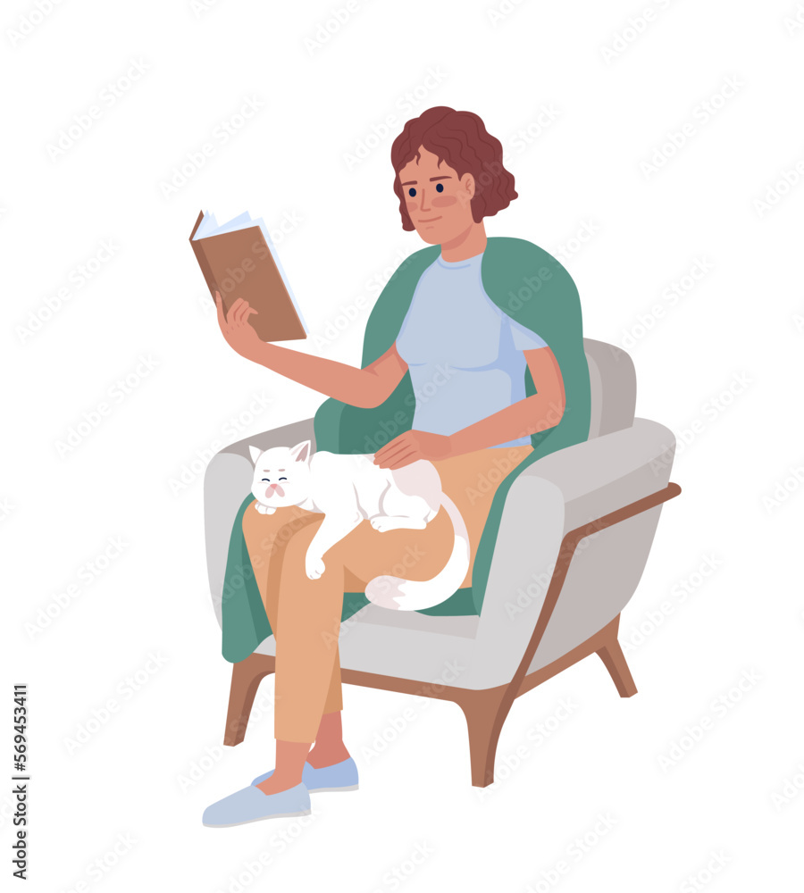 Covered in blanket woman reading book and petting cat semi flat color vector character. Editable full body person on white. Simple cartoon style illustration for web graphic design and animation Covered in blanket woman reading book and petting cat semi flat color vector character. Editable full body person on white. Simple cartoon style illustration for web graphic design and animation