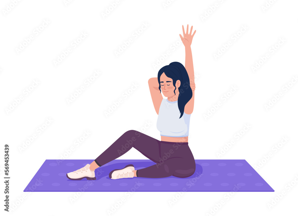 Pleased woman stretching arm muscles on mat semi flat color vector character. Editable figure. Full body person on white. Simple cartoon style illustration for web graphic design and animation