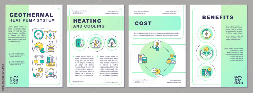Geothermal heat pump system green brochure template. Leaflet design with linear icons. Editable 4 vector layouts for presentation, annual reports. Arial-Black, Myriad Pro-Regular fonts used