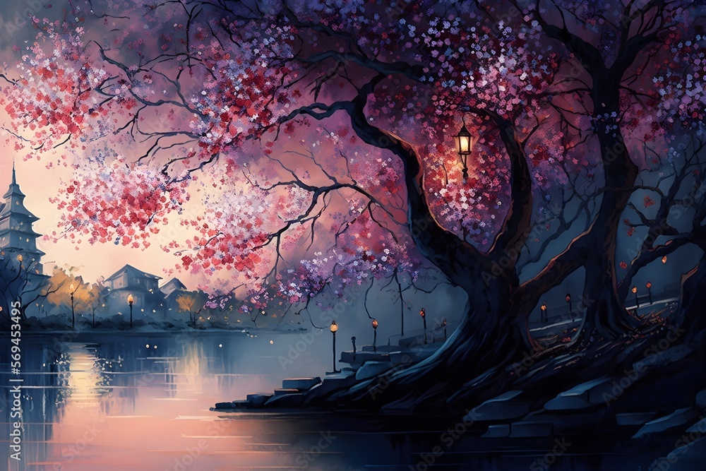 Fototapeta premium A colorful watercolor illustration of pink cherry blossoms on the riverside at night. Nature illustration that symbolizes beauty, transience, serenity, peace, timelessness, and tradition
