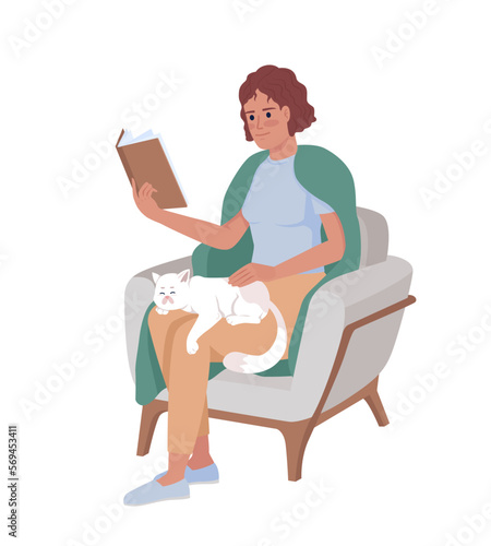 Covered in blanket woman reading book and petting cat semi flat color vector character. Editable full body person on white. Simple cartoon style illustration for web graphic design and animation