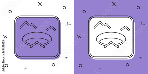 Set Winter fishing icon isolated on white and purple background. Round ice frame. Hole in ice. Vector