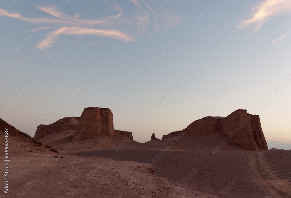 Peaceful view of the beautiful Dasht-e Lut Desert and its rock formations (Kaluts) at sunset, Kerman Province, Iran