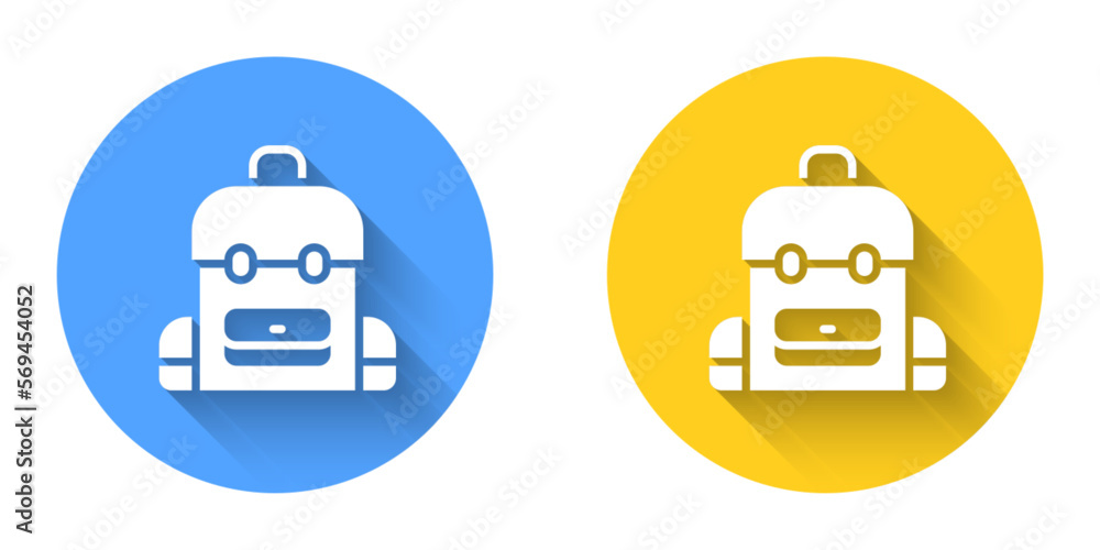 White School backpack icon isolated with long shadow background. Circle button. Vector White School backpack icon isolated with long shadow background. Circle button. Vector